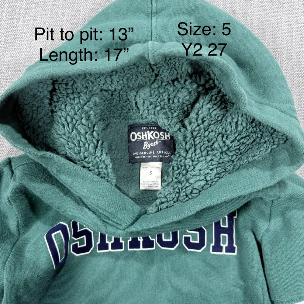 OshKosh B'gosh Boys Green Grey Navy Colorblock Sherpa Lined Hoodie Size 5
